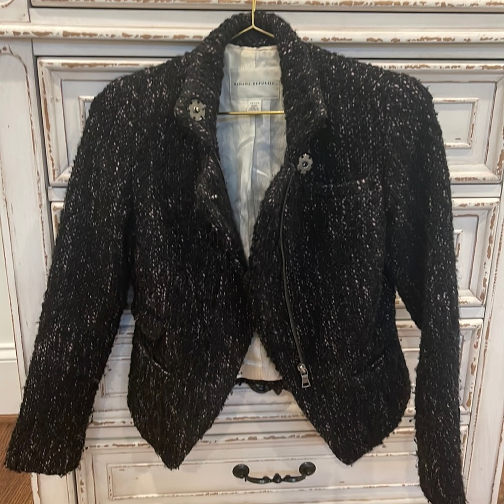 Banana Republic Wool Blend Tweed Moto Style Sweater Shacket Size 00 petite